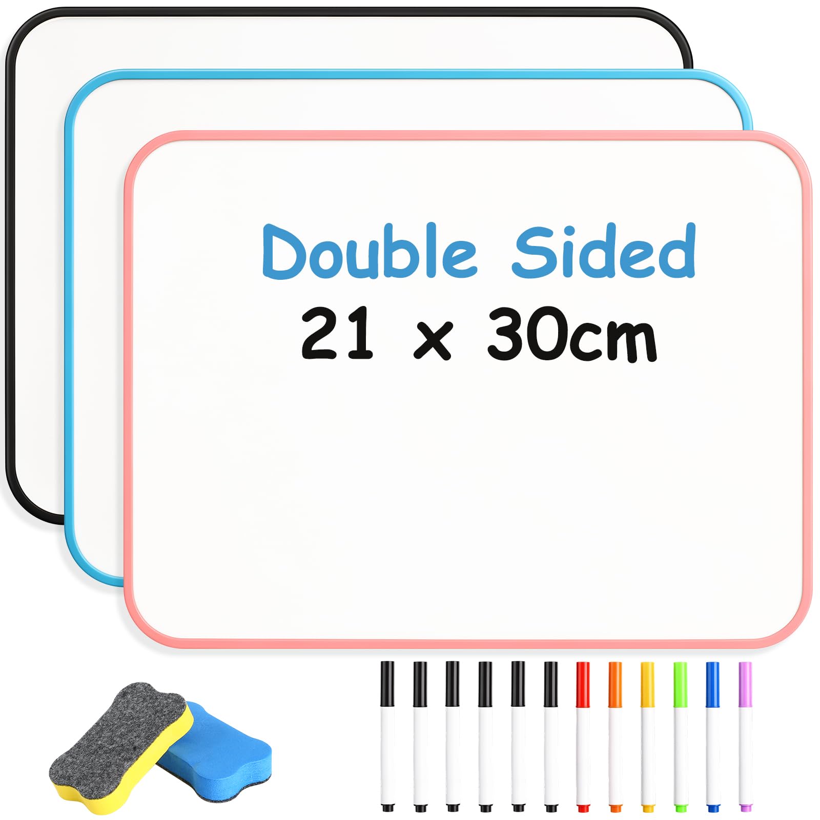 Amentalove 3PCS Small Whiteboard A4, 30x21cm Double Sided Dry Erase White Board with 12 Pens & 2 Erasers, Portable Mini Whiteboard Drawing Learning for Drawing Writing Students Classroom Home Office