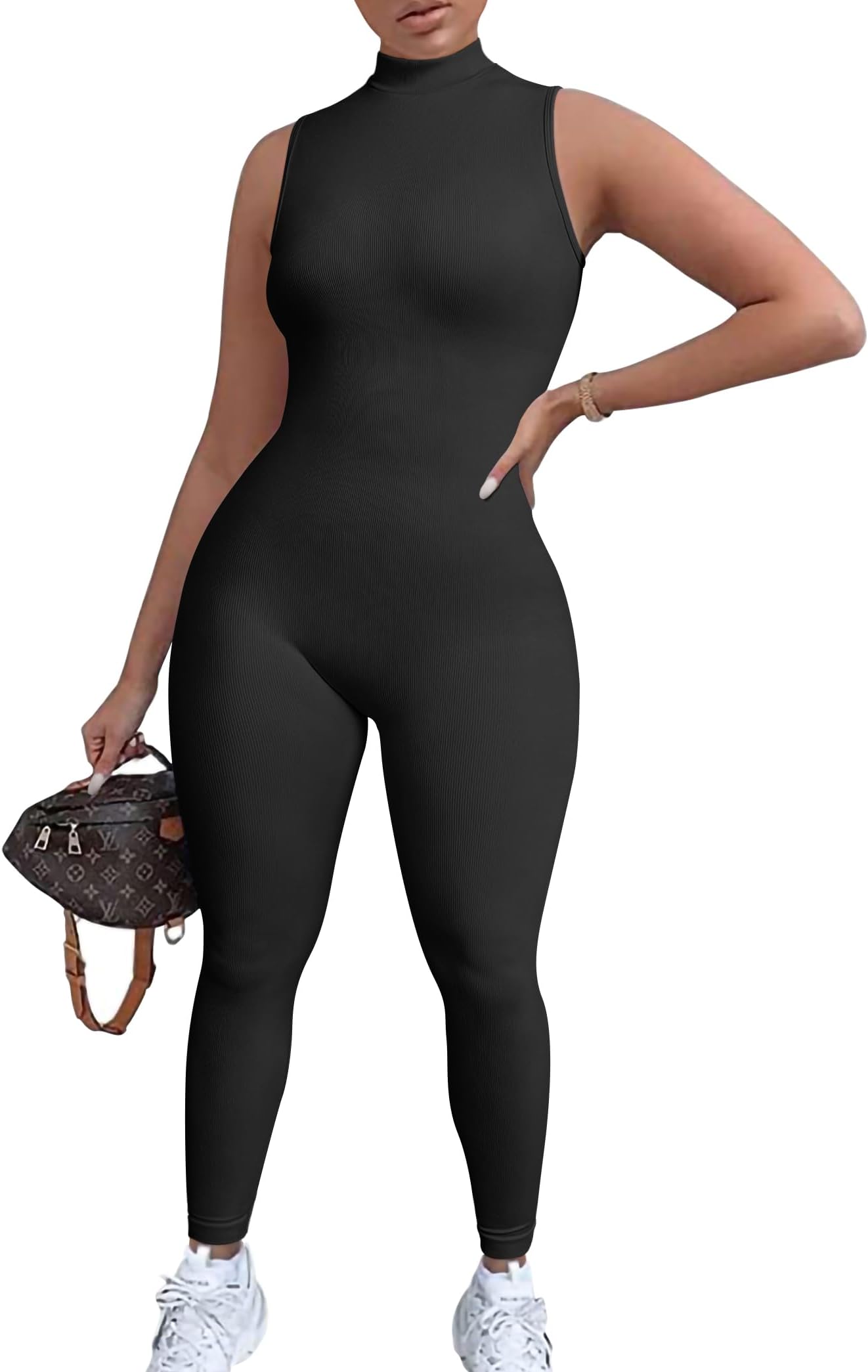 TOBWomen Yoga Jumpsuits Workout Ribbed Sleeveless Sport Jumpsuits
