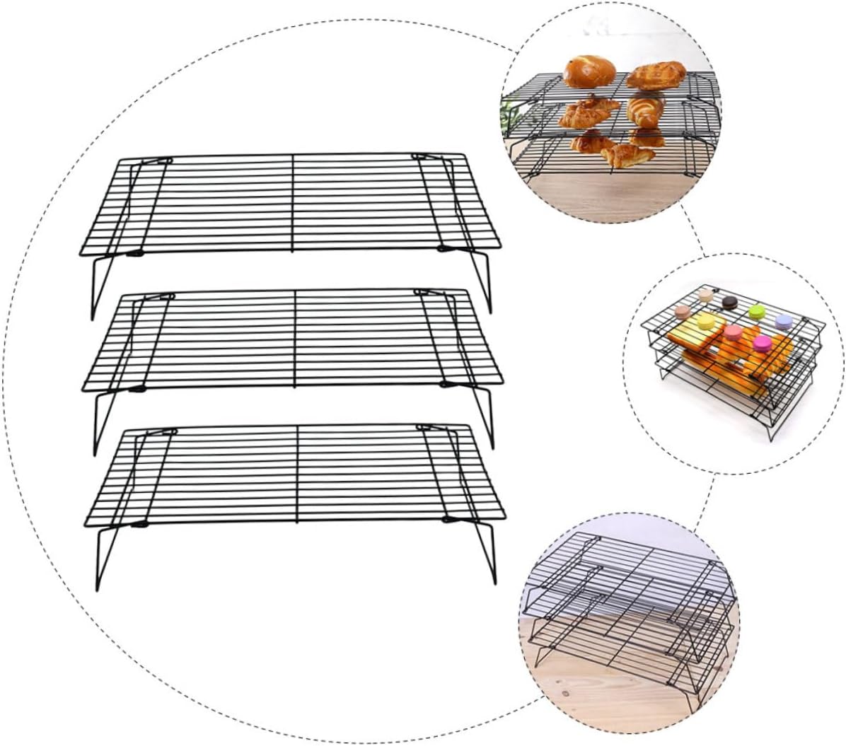 Cabilock 3Pcs Folding Cooling Rack Multi Function Baking Supply for Cooking Grilling and Cooling Carbon Steel Non Stick for Cakes and Cookies
