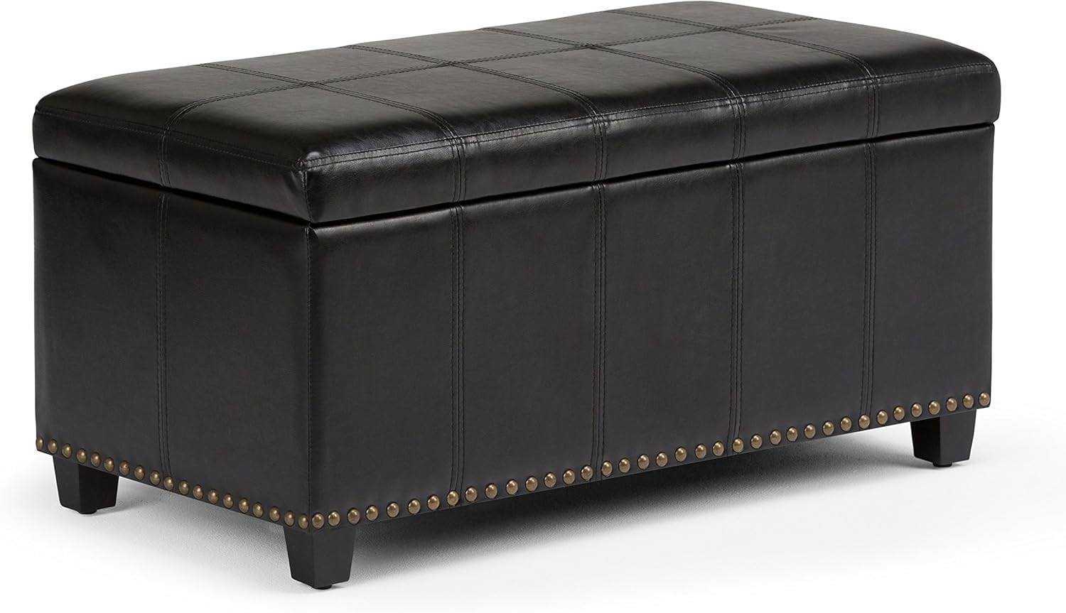 33 Inch Wide Transitional Rectangle Storage Ottoman - Midnight Black Vegan Faux Leather | for theLiving Room Entryway and Family Room-image-1
