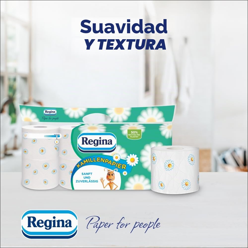 Regina Papel higiénico de 3 capas de manzanilla, paquete de 48 rollos (3 paquetes de 16 individuales), resistente y fiable, con un toque de manzanilla, papel certificado FSC