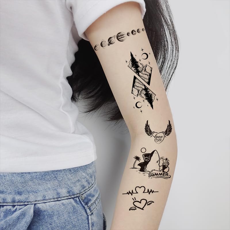 Miniatura 5 de 32 hojas de tatuajes temporales de patrón pequeño negro realista para adultos, tatuajes temporales de plumas, novios de pájaros, tatuajes falsos