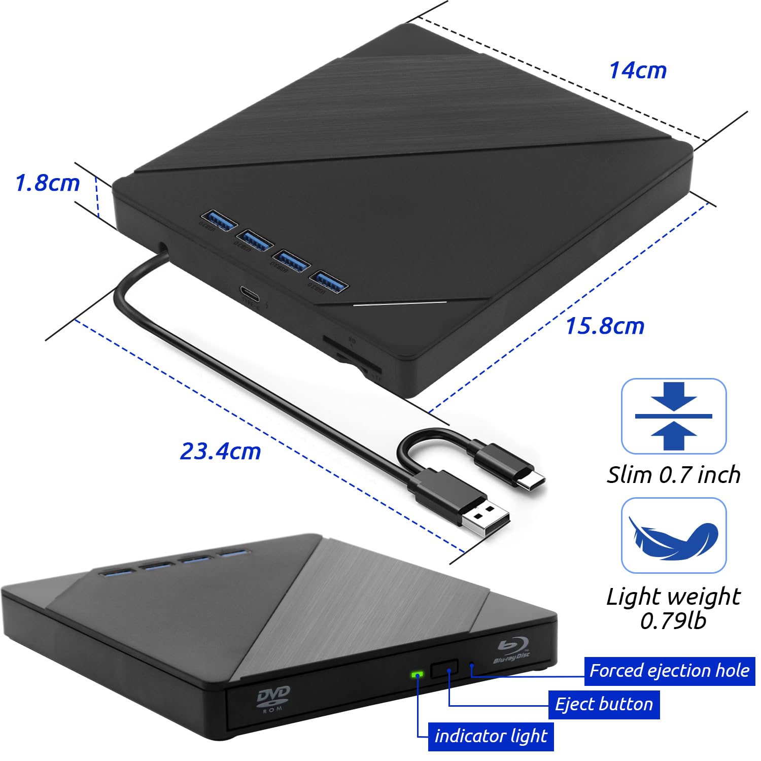 Custom Catch Lecteur Optique Blu - Ray Externe 7 en 1 Lecteur DVD/BD/CD, Lecteur Optique Blu - Ray usb3.0 Type - c3d, pour Windows XP / 7/8 / 10/11
