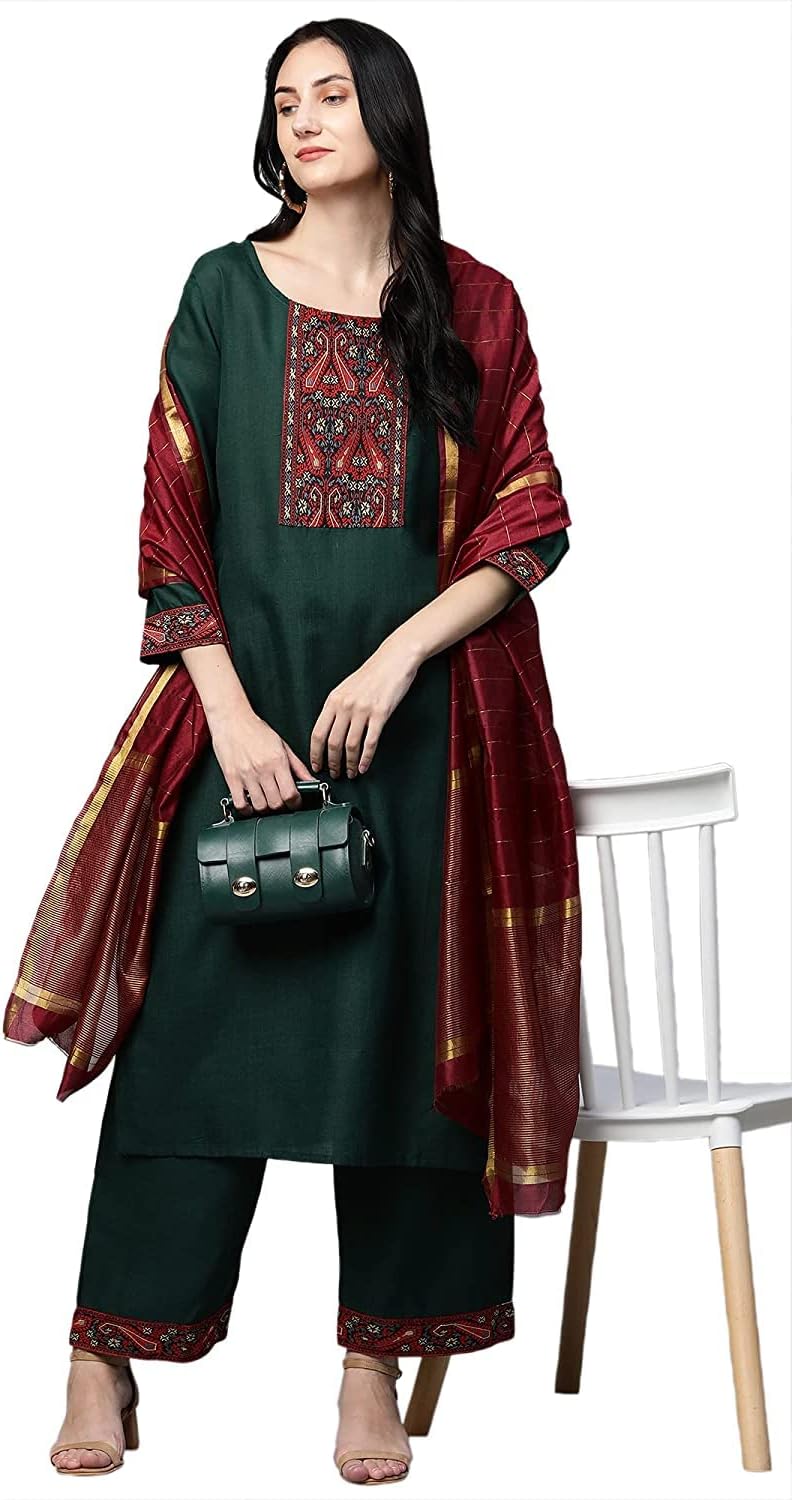 GoSriKiwomens GoSriKi Women's Cotton Straight Kurta with Palazzo & Dupatta Kurta with Palazzo & Dupatta (pack of 1)