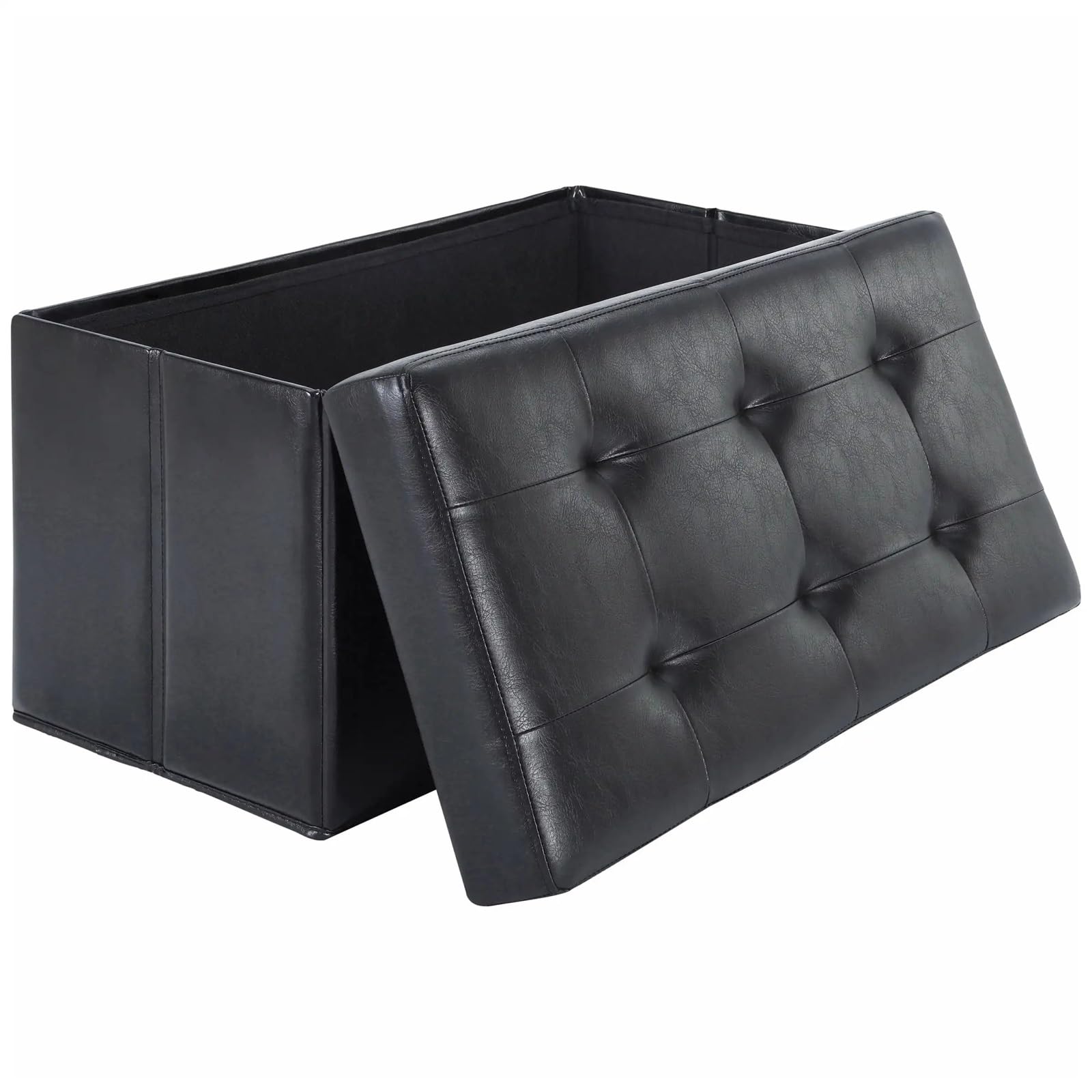Taburete de Almacenamiento Plegable de 30 Pulgadas, Banco de Cuero sintético Negro Acolchado, Taburete otomano con reposapiés for Entrada al Dormitorio