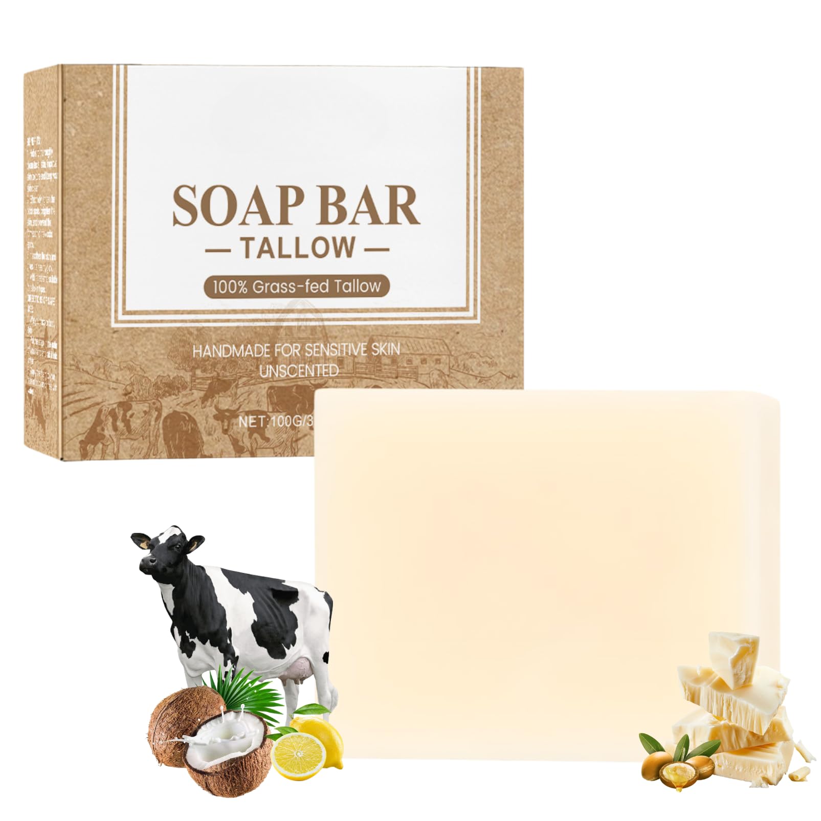 Tallow Naourish Soap - Beef Tallow Skin Care - Unscented Soap for Dry Skin - Deep Clean Handmade Soaps - Nourish Bar Facial Soaps for Body Face - Oil Control Skincare 100g