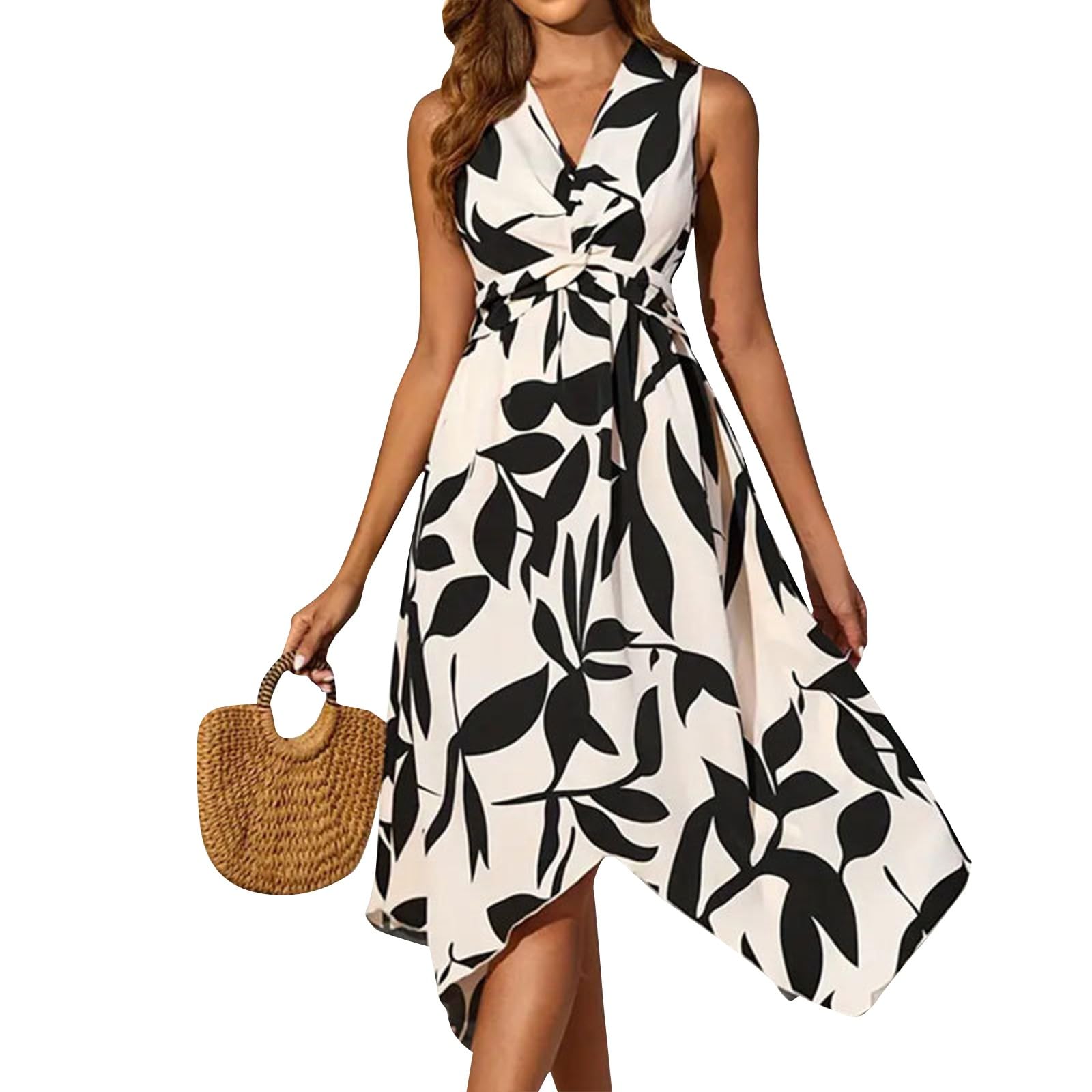 Midikleid Damen Blumenprint A-Linie - Ärmellos Sommerkleid Vorne Kurz Hinten Lang Mit Rüschen