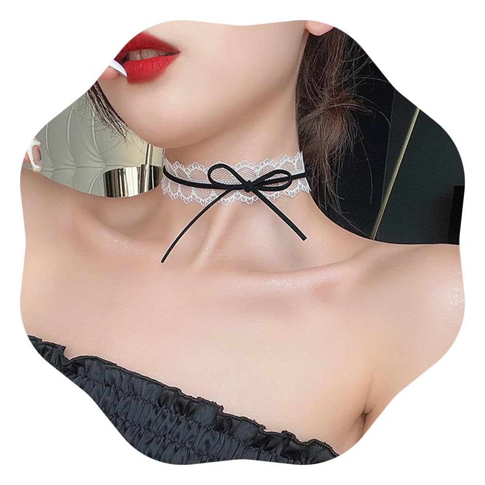 JWICOSWhite Lace Bow-Knot Choker Necklace for Women and Girls Black Classic Velvet Stretch Fashion Necklace Accessories