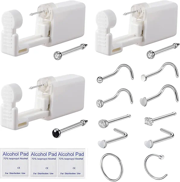 YWDKJGS 3 Pack Nose Piercing Kit, Disposable Safety Self Nose Piercing Gun with 10 Piece Nose Rings Studs, Home Nose Percinging Kit Gun Tools