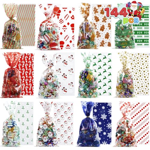 JOYIN 144 PCS Christmas Cellophane Bags with Ribbon for Holiday Treats, Christmas Clear Cello Gift Candy Cookie Bags for Party Favors, Festivals Presents, Party Supplies (11” X 5”)