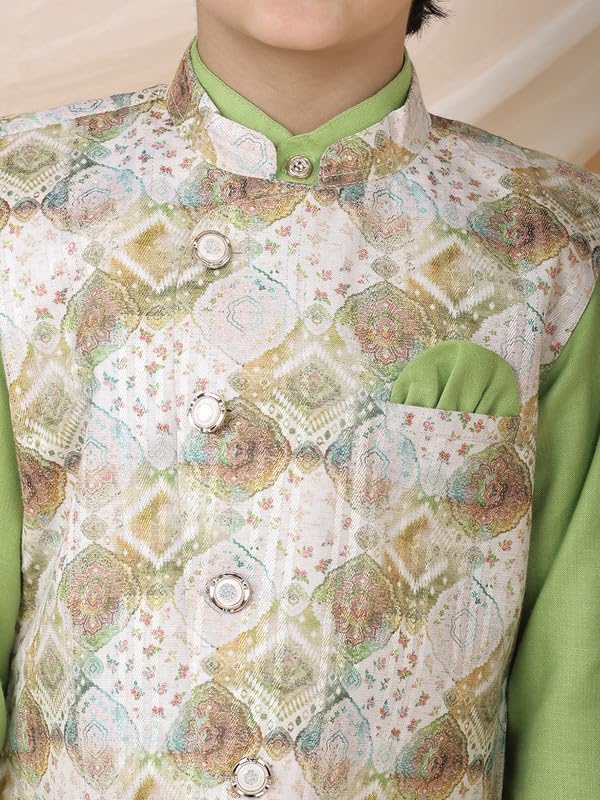 Image of superminis Boys Cotton Printed Full Sleeves Kurta Pyjama with Jacket Ethnic Wear Set