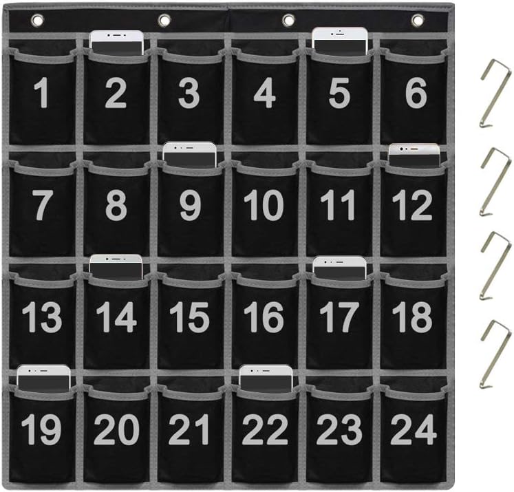 ZKOONumbered Classroom Sundries Closet Pocket Chart, Cell Phones Calculator Holder, Wall Door Hanging Organizer With 4 Door Hooks (24 Pockets Black Grey)