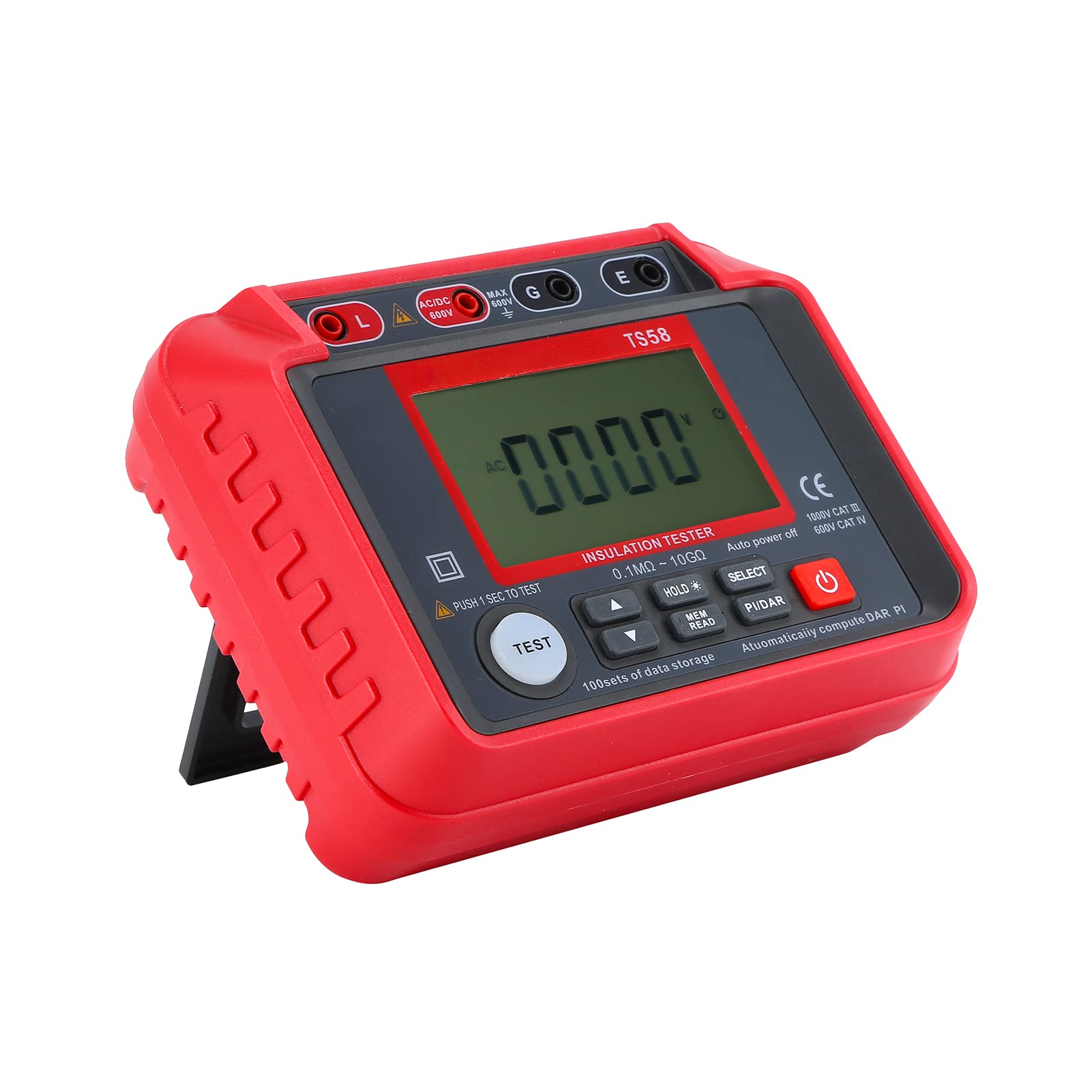 Domary Tester Rezystancji Izolacji Megaomomierz 0,1 MΩ-10 GΩ z Podświetlanym Wyświetlaczem LCD 2000 zliczeń Napięcie Prądu Stałego AC 10–600 V Indeks DAR PI do Konserwacji Sprzętu