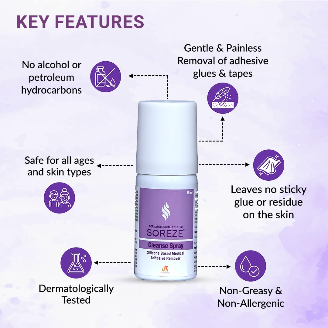 Soreze Cleanse Medical Adhesive Remover Spray | Alcohol Free & Safe on Skin | No Sting and Painless | Quick Dry & Non Sticky Formula | Pack of 1 | 30ml 1