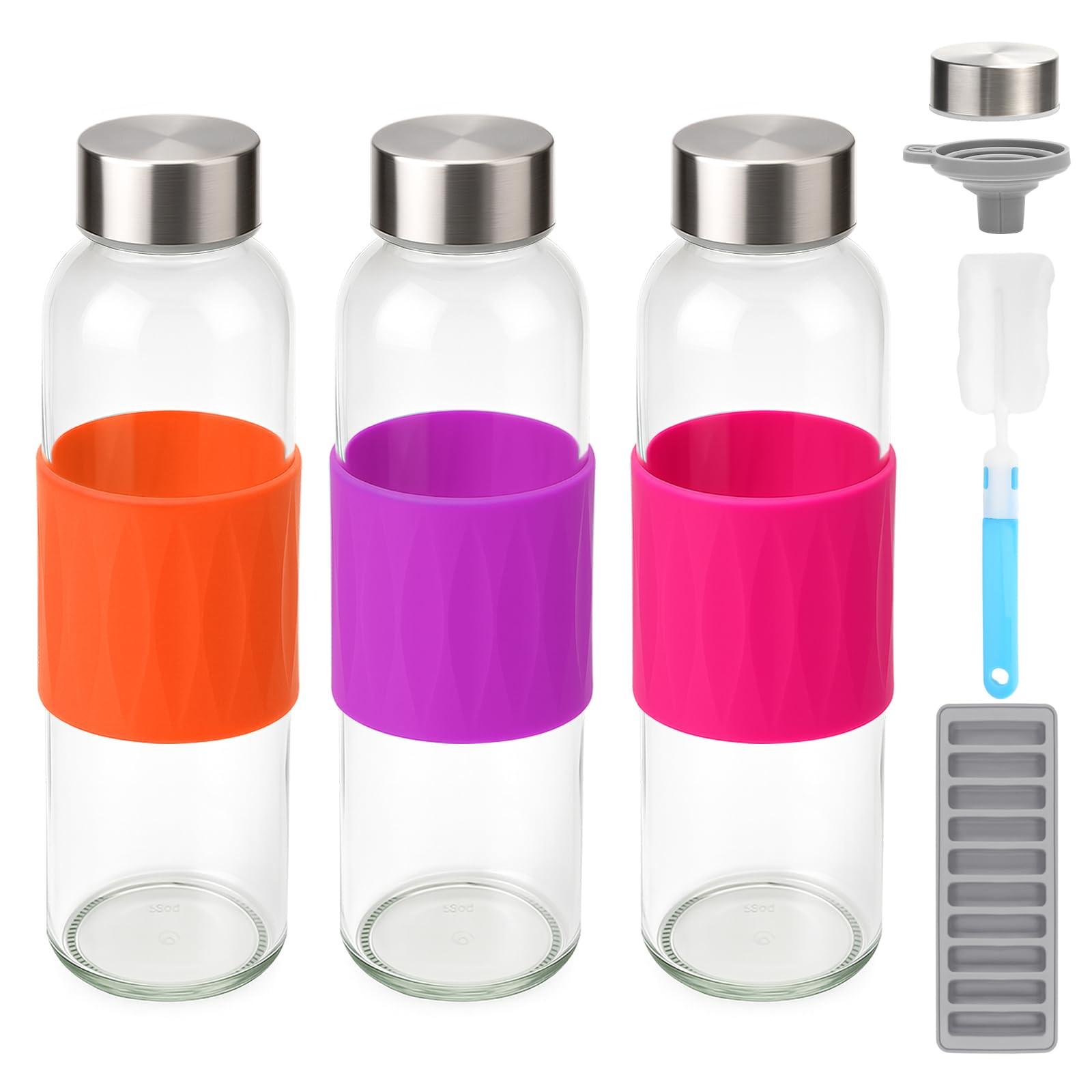 Zukro Glass Water Bottles with Lids & Silicone Grip Sleeve 18 oz, 3 Pack Reusable 100% Leak Proof Juice Bottles With Stainless Steel Cap for Juicing, Smoothie Drinking Jar, Fridge & Dishwasher Safe