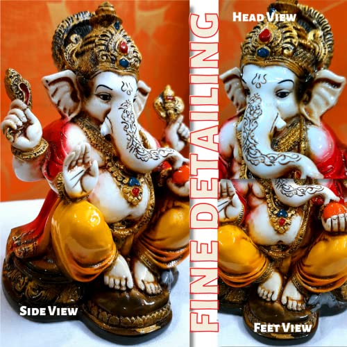 Image of Marble Lord Ganesha Idol with Golden Mukut Ganesh ji Murti Ganesh Showpiece for Home Decor,Study Table,Office Ganesha Idol for Home decor, Ganesha Idol for Pooja Room(16.5 cm)