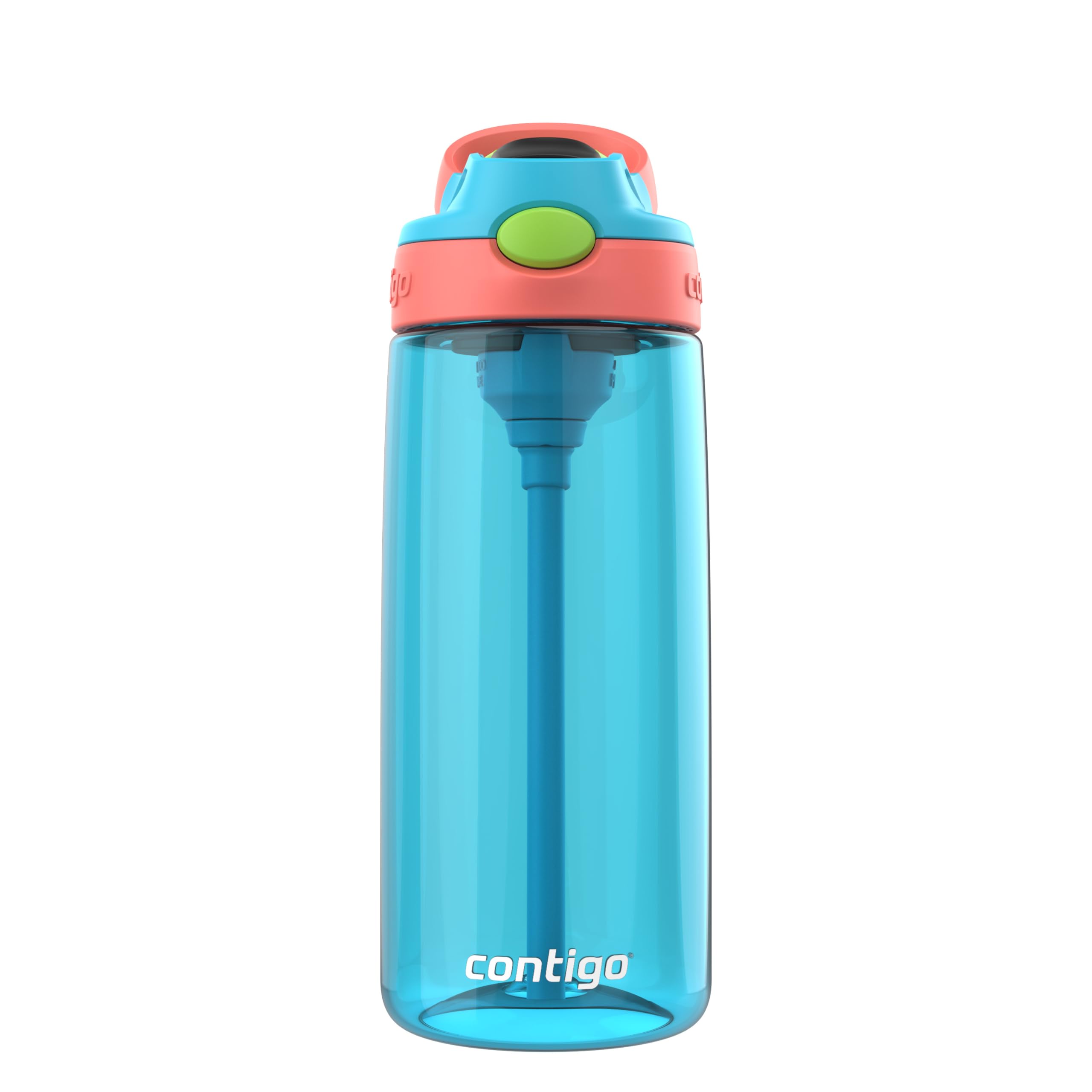Contigo Kids Cleanable AutoSpout Water Bottle with Pop up-Straw, BPA-Free Plastic, 20oz, Blue Raspberry &amp; Coral