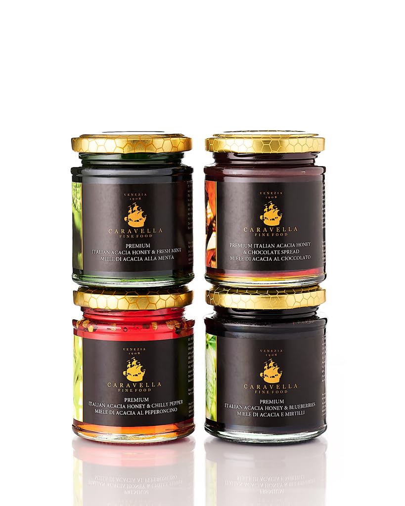 Caravella Fine Food - Set de degustación/Set de regalo x 4 - Miel de Acacia con Chile 250 gr Miel de Acacia con Menta 250 gr Miel de acacia con Arándanos 250 gr Miel de Acacia con Chocolate 250 gr