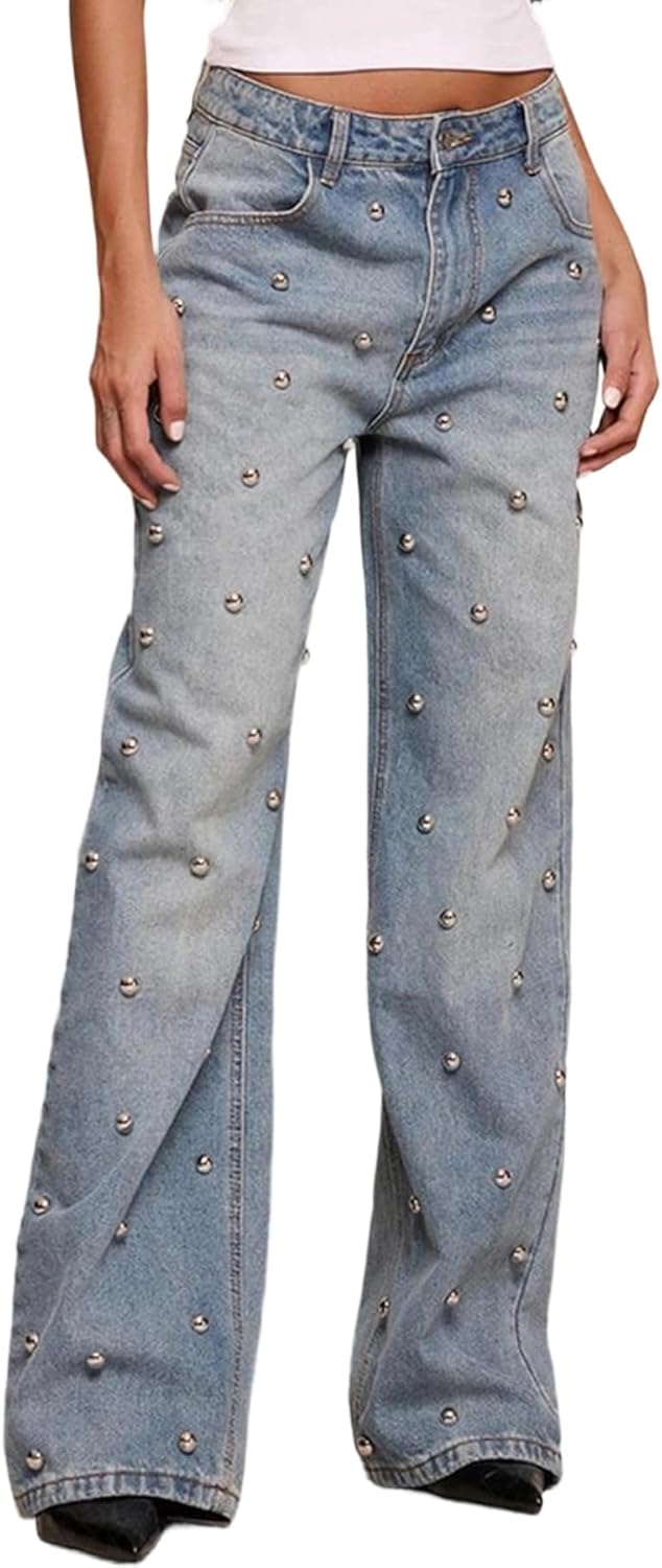 Unybwonn Women Straight Leg Jeans Rhinestone High Waisted Wide Leg Pearl Denim Pants Bling Glitter Studded Y2k Trousers