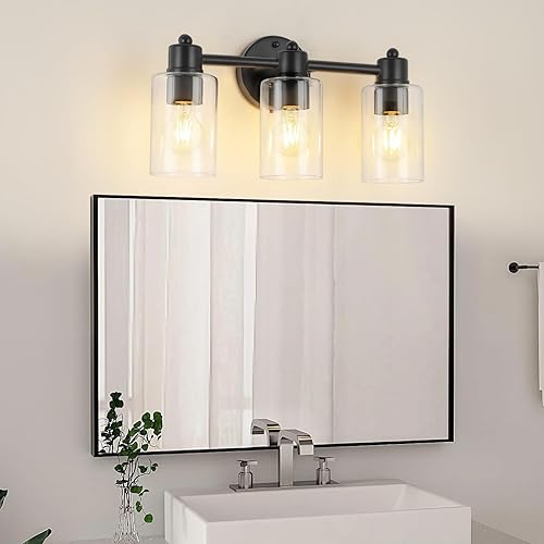 Miniatura 8 de Lámpara de tocador de baño de 3 luces, acabado negro mate con pantallas de vidrio templado, iluminación moderna sobre espejo para bañotocador,