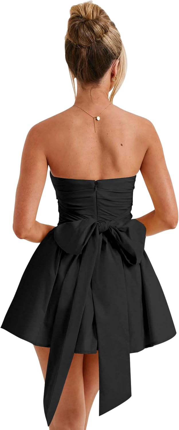 LuFeng Women's Strapless Mini Dress Ruched Sleeveless Off Shoulder A-Line Pleated Short Dress with Oversized Bow - Image 5