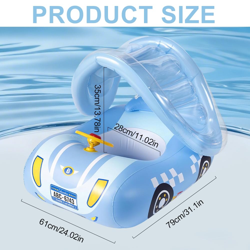 Baby Schwimmring mit Sonnendach, Schwimmring Baby mit Dach UPF50+, Sportauto mit Lenkrad, Leicht zu Transportieren, Schwimmhilfe Kinder 1-4 Jahre für Außenbereich, Strand, Garten
