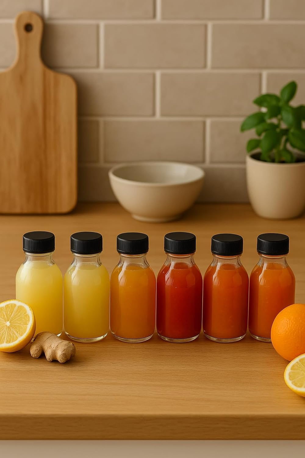 6 Adet 100 ml Kilitli Siyah Kapaklı Şeffaf Detox Shot Şişesi 100 Cc Ginger Şat Beyaz Cam Şişe