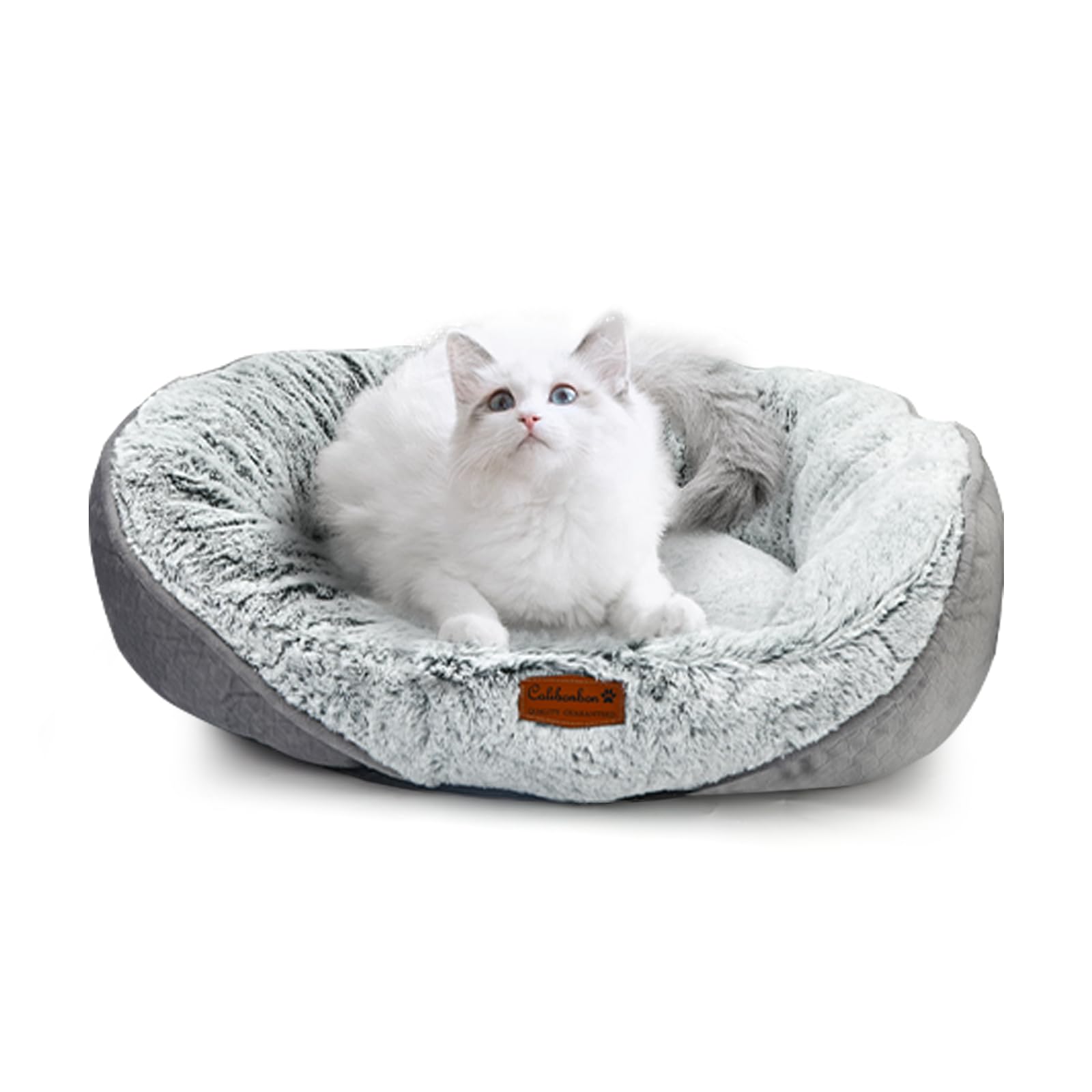 Calibonbon Luxury Calming Pet Bed for Cats & Small Dogs, All-in-One Machine Washable Long Fur Plush with Bolster, Non-Slip Waterproof Bottom &