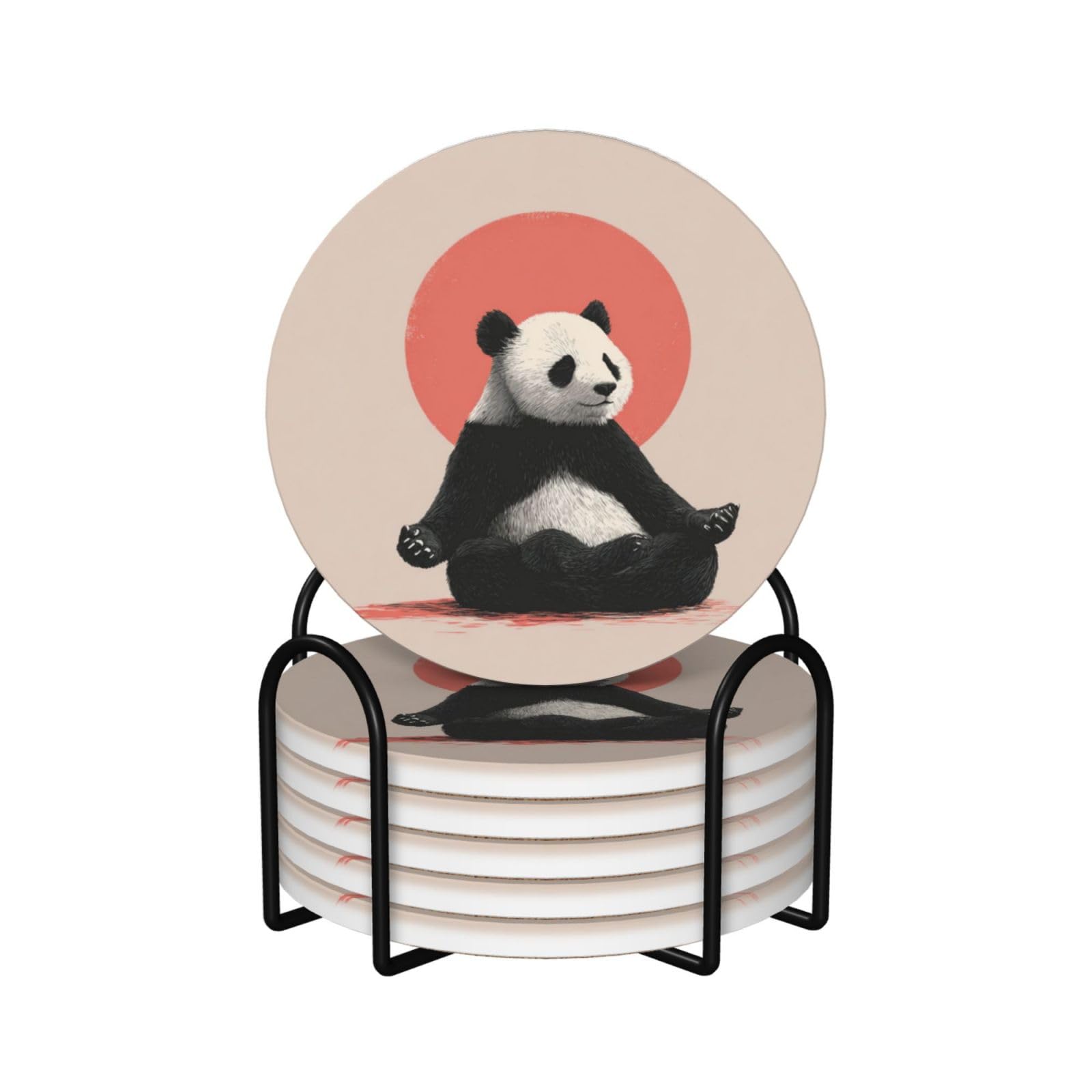 Panda Doing Yoga Meditation Ceramic Coasters with Holder 6ps