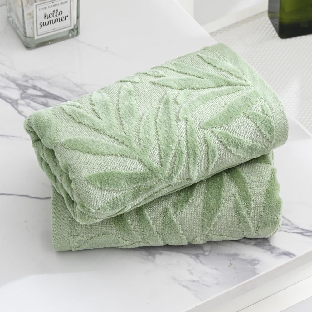 sense gnosis Green Hand Towel Set of 2 Full Embossed Velvet Salix Leaves Pattern Super Soft 100% Cotton Highly Absorbent Spring Decorative Jacquard Weave Hand Towels for Bathroom Home 13x 29 Inch - Image 3