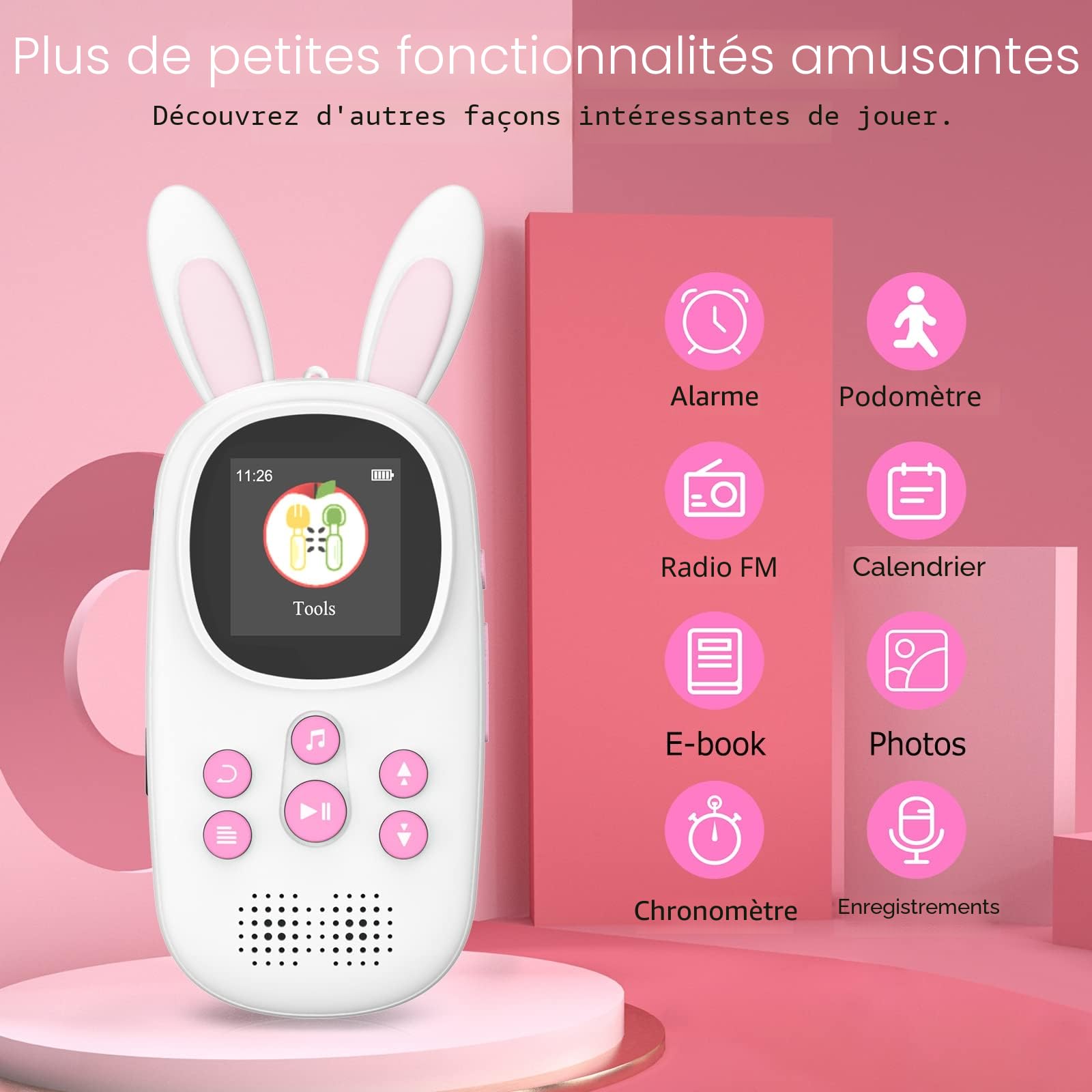 Lecteur MP3 Enfants 32 Go Bluetooth Haut-Parleur Radio FM Enregistrements Alarme Chronomètre