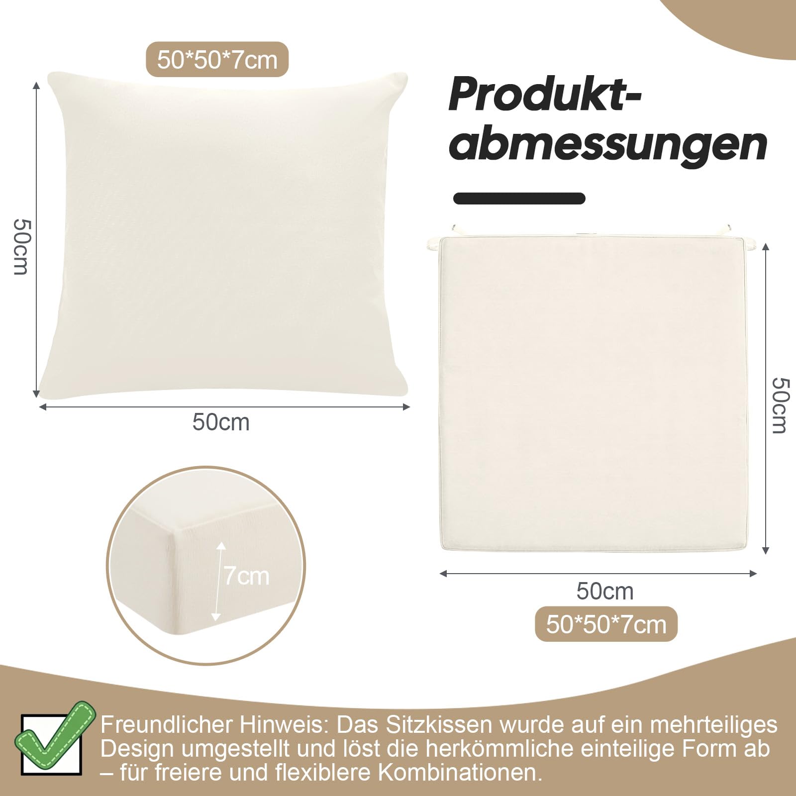 Stuhlkissen Outdoor mit Rückenlehne 50x50x7, Beige