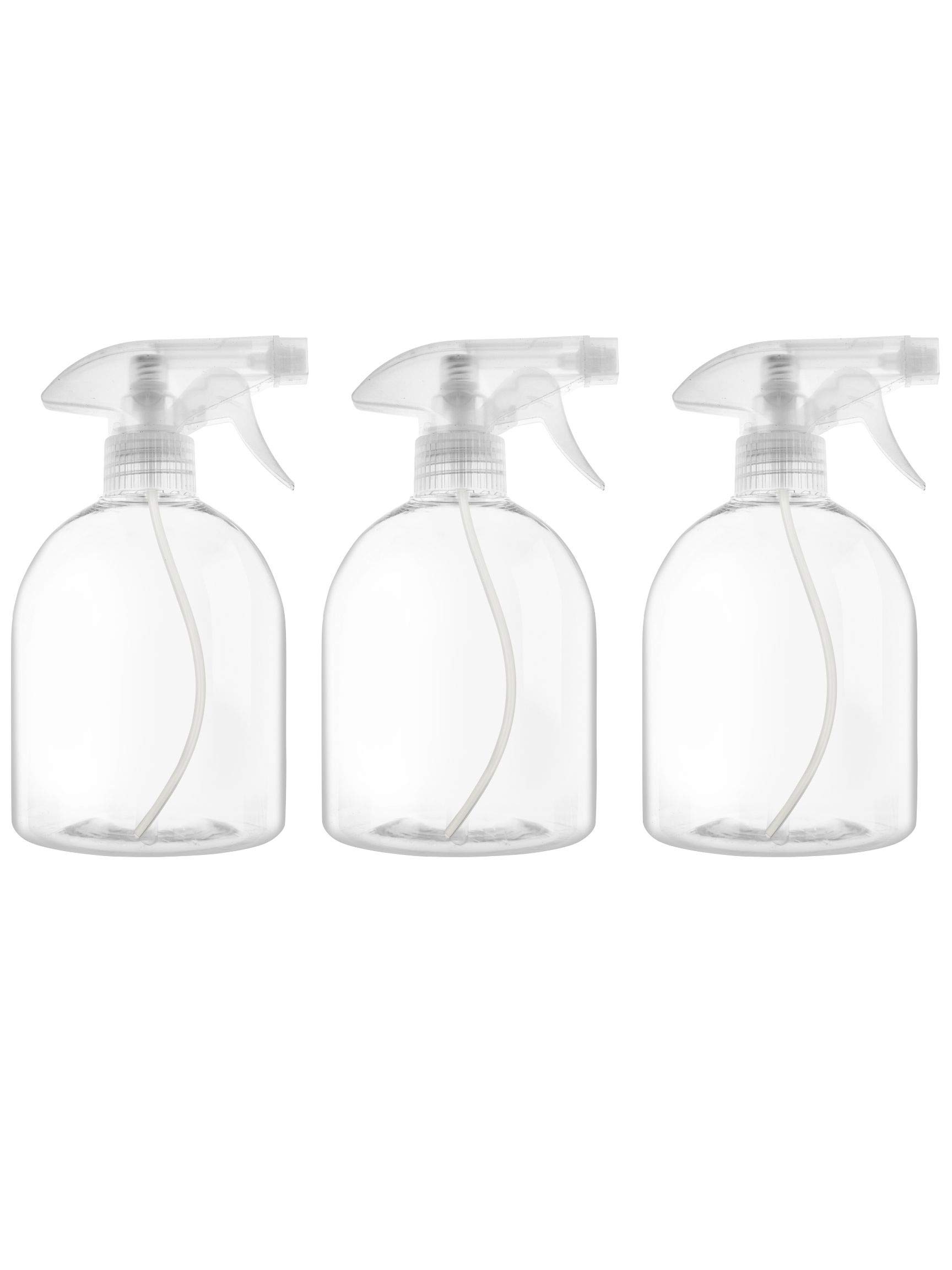 alpree 16 oz spray (3 pack) clear plastic spray bottle with stream and mist settings for haircuts, water plants, cleaning, cooking, auto detailing, grilling, disinfectant, chemicals and air freshening