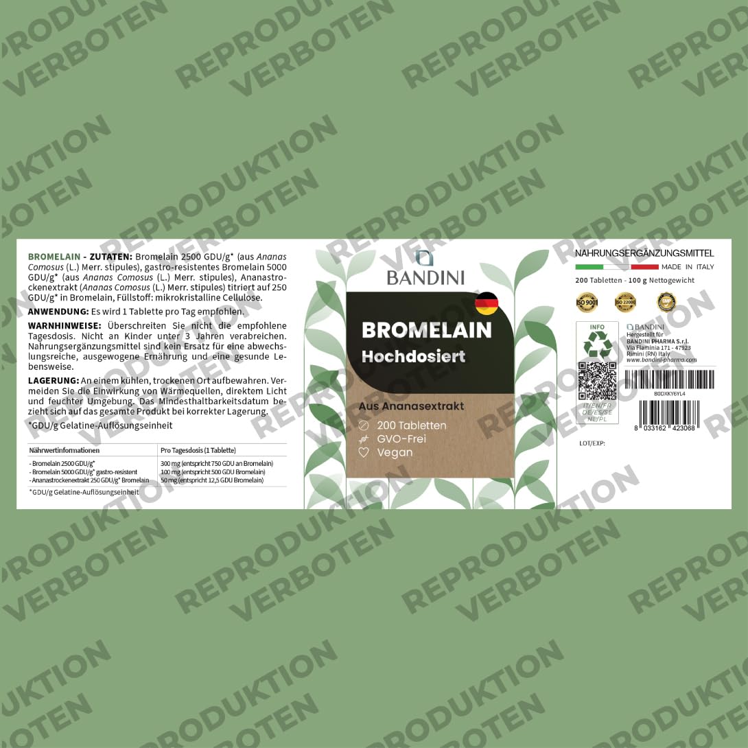Bandini® Bromelain 10000 F.I.P/g | 5000 GDU/g | Starke Detox Entwässerung | 200 magensaftresistente hochdosierte Tabletten | Reines Natürliches Enzym Ananas Extrakt | 1 Tablette/Tag für 200 Tage