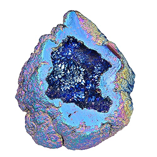 Nupuyai Cristaux de Quartz Geode Naturels Angel Aura Quartz, Spécimen de Quartz Enduit de Titane Amas de Cristal Arc-en-Ciel 100-200g, Bleu Cover