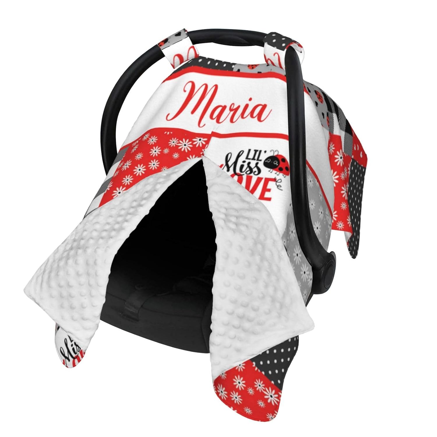 Personalized Baby Car Seat Canopy for Babies, Custom Name Lady Bug Baby Car Seat Covers for Girls, Opening Minky Nursing Breastfeeding Cover for Infant, Carseat Canopies for Newborn