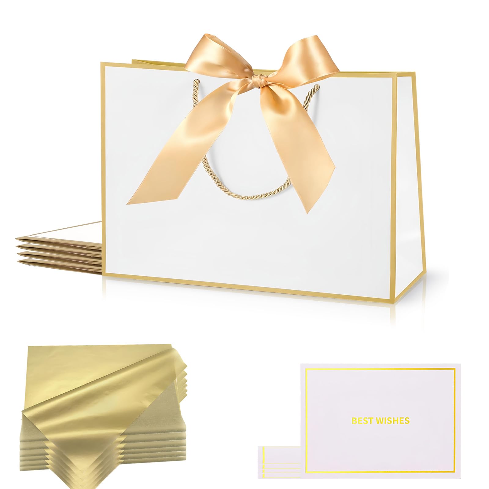Medium Birthday Gift Bags for Presents,4Pcs White Paper Party Bags With Handles 6 Tissue Papers 4 Ribbons 4 Cards for Man Woman Girl Boy Bridesmaid Wedding Birthday Party Anniversary Christmas (White) โ image 1