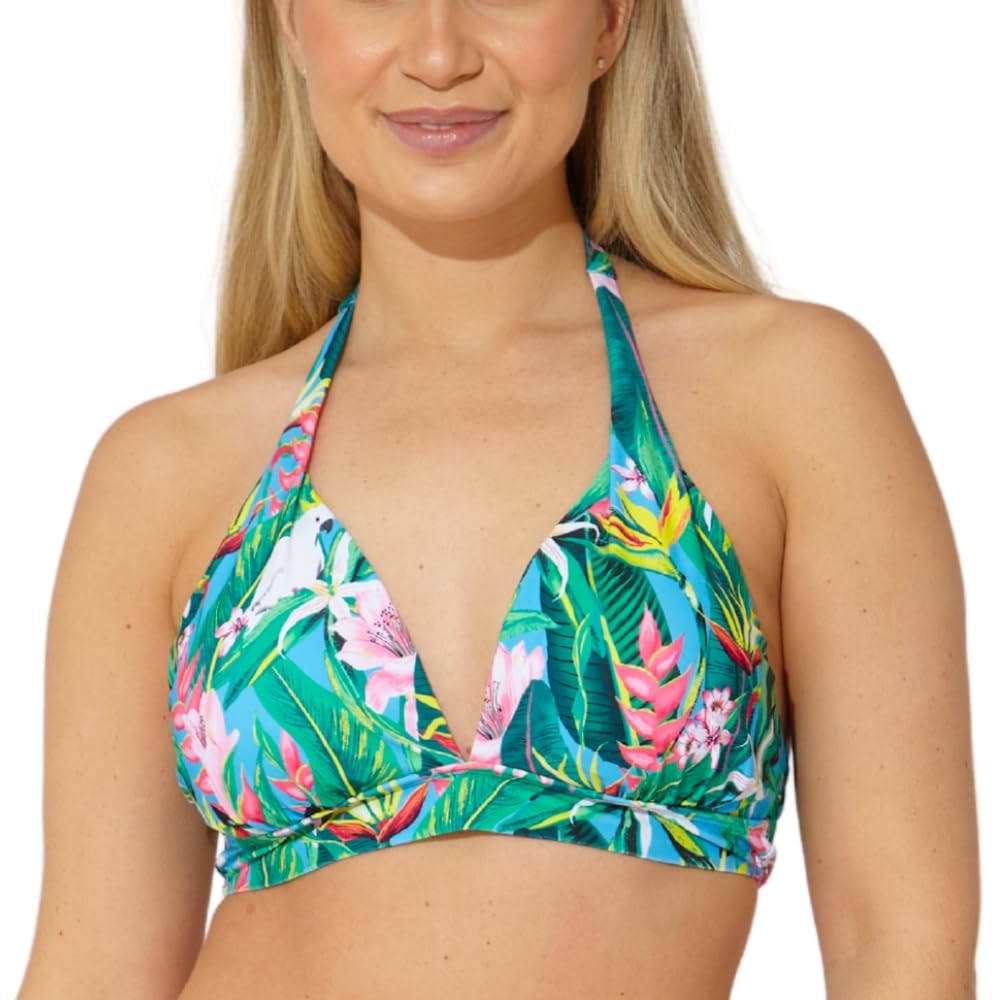 Scuba Ladies Swimwear Women's Halter Tie Neck Bikini Top Mix & Match Plain Printed Non-Wired UK Seller - Tropics Print - Size 18