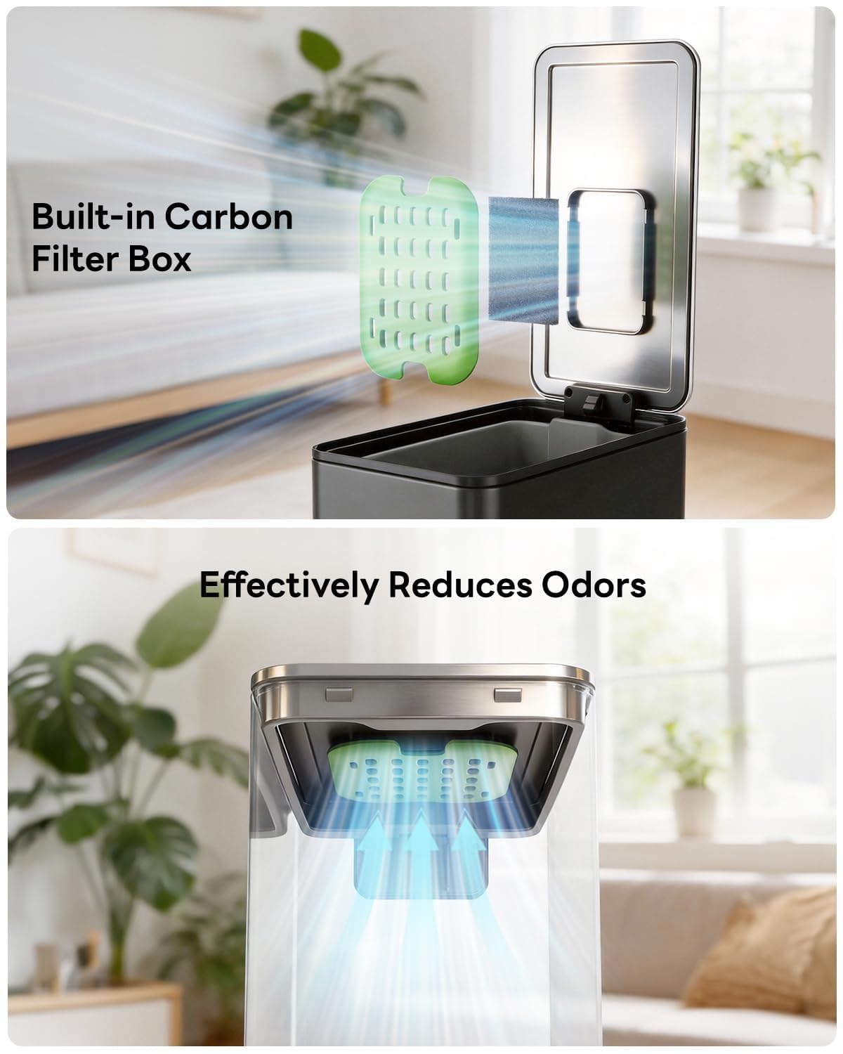 10L/2.6G Slim Bathroom Trash Can, Narrow Stainless Steel Soft-Close Step Pedal Bin with Lid, Odor Control Carbon Box, Removable Inner Bucket, Small Waste Bin for Bedroom, Office, RV (Black)