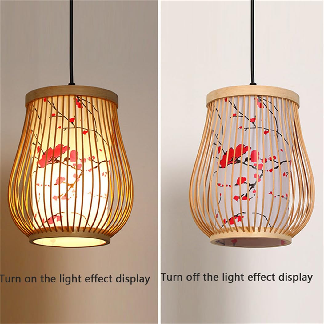 Lámpara Colgante Pequeña Única De Estilo Zen Chino Con Pantalla De Mimbre Y Estampado De Imitación De Pergamino, Farol De Bambú, Lámpara Colgante Para Sala De Estar, Comedor Y Cocina