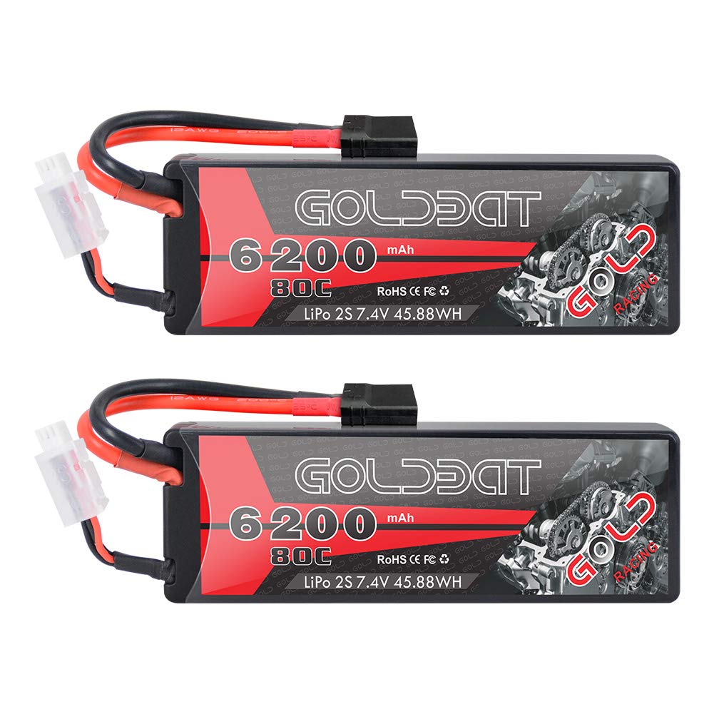 GOLDBAT 6200mAh 2S 80C 7.4V RC LiPo Battery Pack Hard Case with TR Connector for RC Vehicles Car Truck Truggy (2 Packs)
