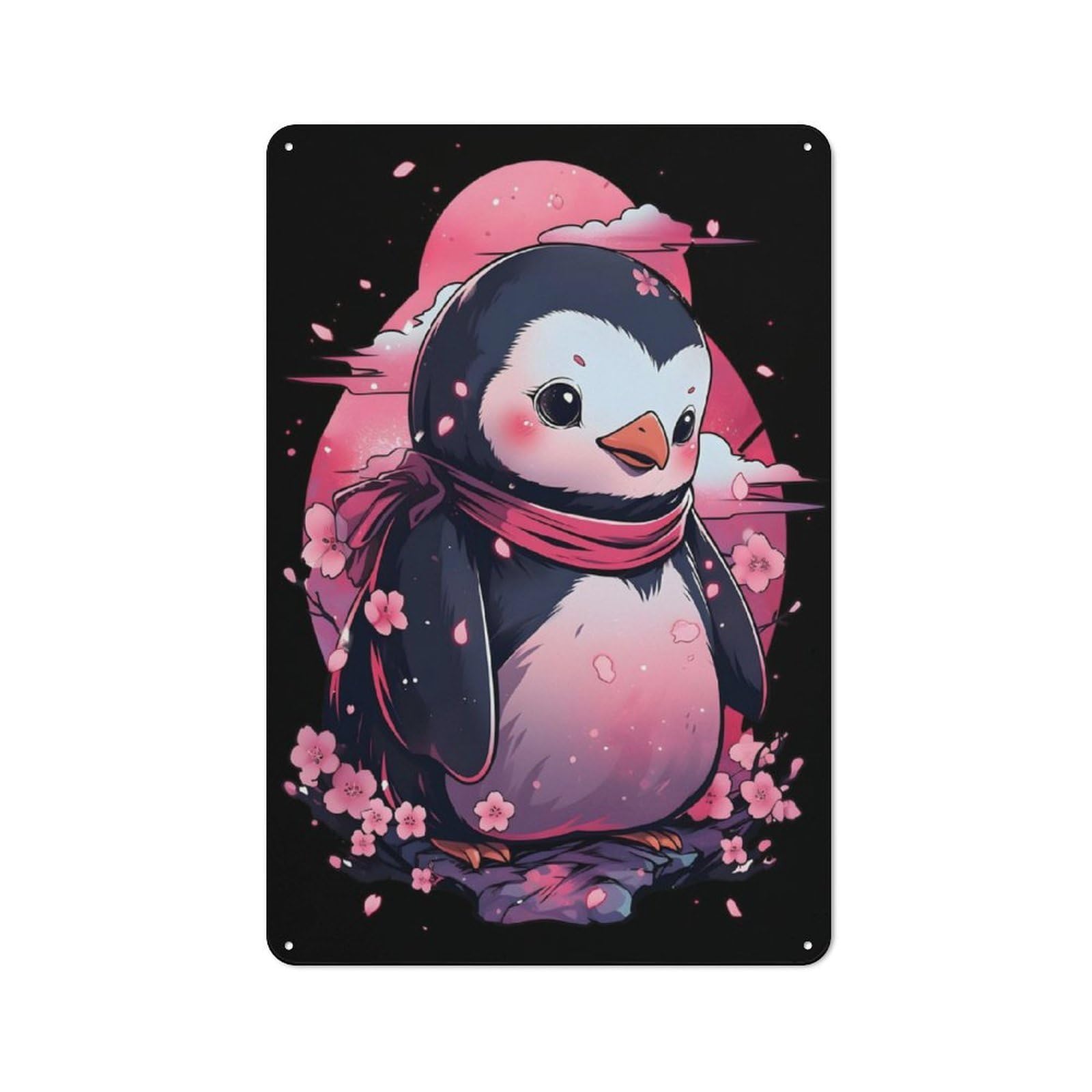 Retro Metal Plaque 30x20cm Featuring Penguin Cherry Blossom, Bistro Wall Plaque for Bakery, Diner, Cafe Or Family Room