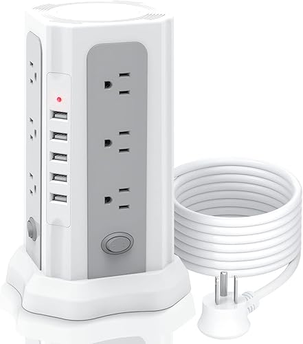 Protector contra sobretensiones de torre con 5 puertos USB 12 salidas múltiples cable de extensión de enchufe plano de 65 pies protección contra