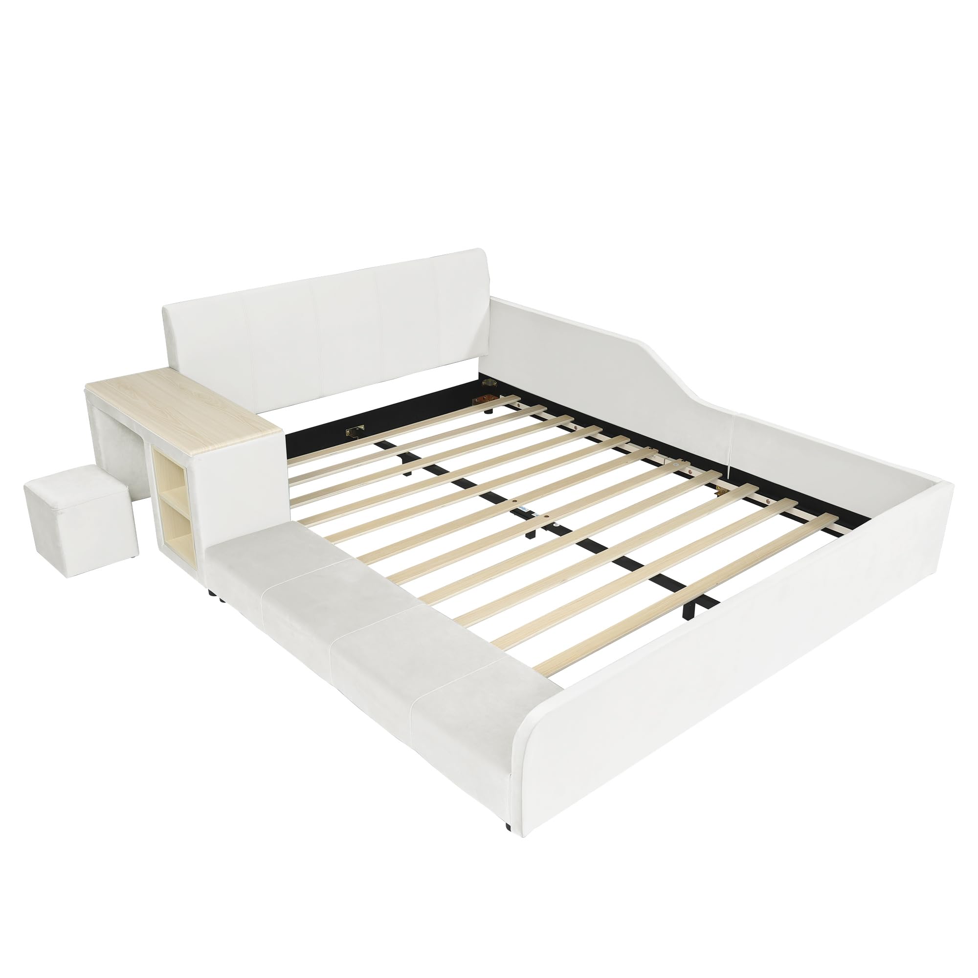 Letto imbottito 140 x 200 cm con scrivania per bambini e sgabello, con ripiano, testiera morbida, culla con doghe in legno, velluto, bianco