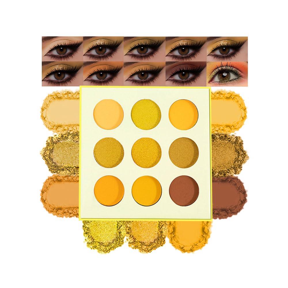 Yellow Gold Matte Shimmer Eyeshadow Palette, 9 Color High Pigment Blendable Long-Lasting Travel Size Eye Shadow Makeup for Older Women, Sombras para ojos, Daily Looks, Vegan & Cruelty-Free 04#