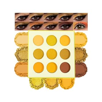 9-Color Yellow Gold Matte Shimmer Eyeshadow Palette High Pigment Warm Orange, Lemon & Brown Shades, Long-Lasting Waterproof Blendable Eye Makeup for Summer, Sunset & Daily Looks