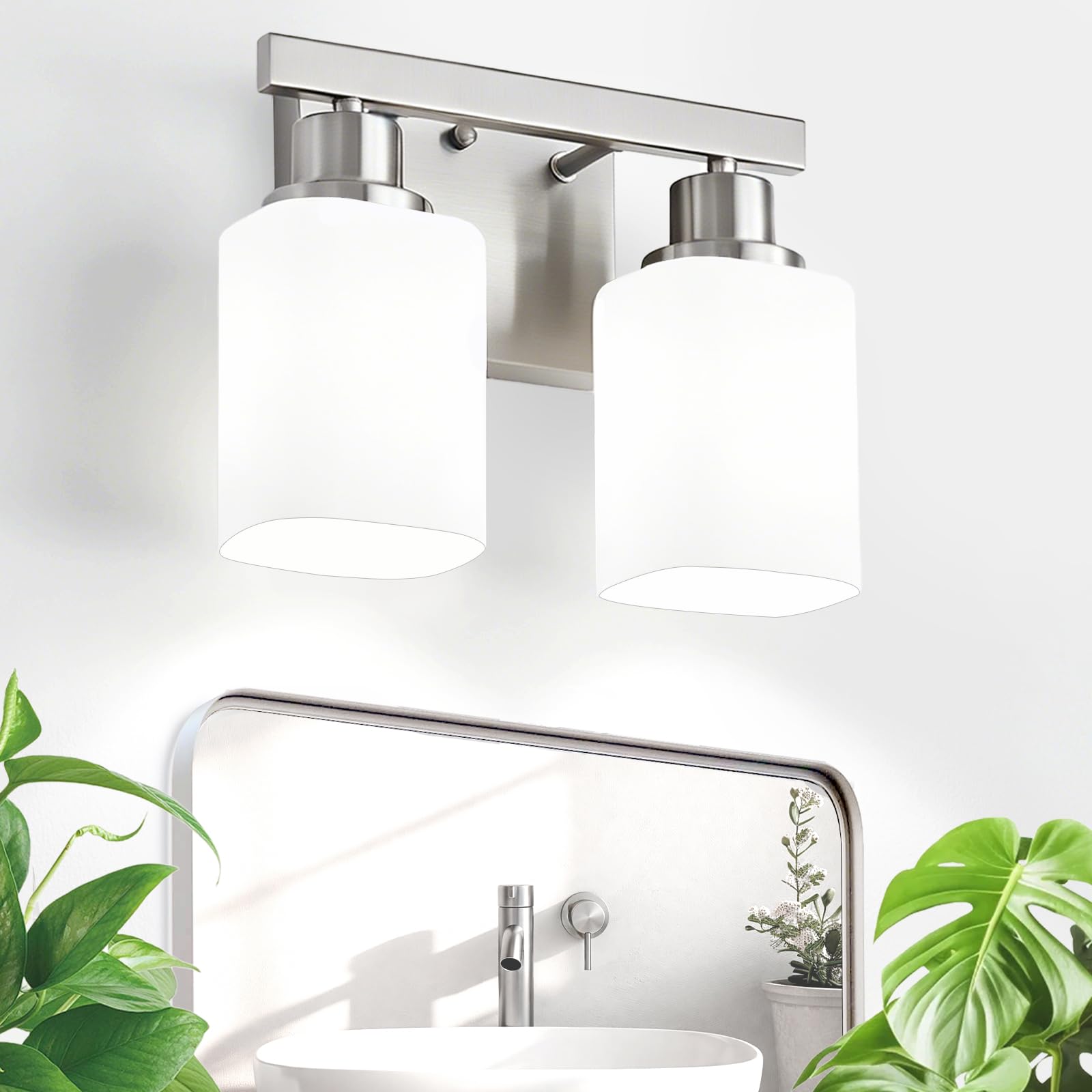 2 Light Brushed Nickel Vanity Light,Brushed Nickel Vanity Lights for Bathroom,Bathroom Light Fixtures Over Mirror,Wall Sconces for Living Room,Bedroom,Hallway(E26 Base)