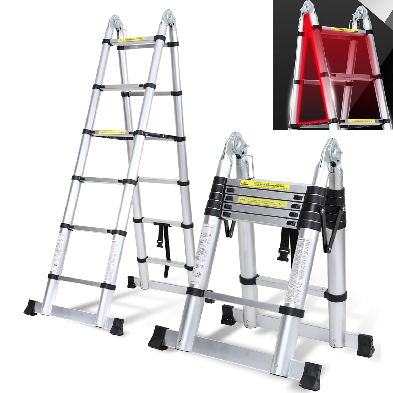 Escalera telescópica plegable de aluminio, 3,8 (1,9 + 1,9 m) carga máxima de 150 kg, color plateado, telescópica, antideslizante, plateada