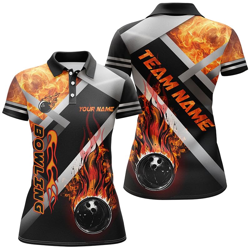 Herren & Damen Bowling Polo & Quarter Zip Shirt Benutzerdefinierte Schwarze Bowlingkugel Flame Bowling Team Trikots, Geschenk für Bowler N7432