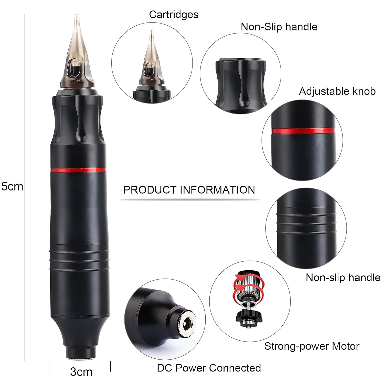 Rotary Tattoo Pen Kit with Power Supply - Tattoo Machine Set with 20 Cartridge Needles, 7 Inks, Practice Skin, Ink Cups and Accessories for Lining and Shading,Red